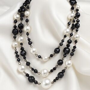 Multi Strand Black and Off-White color Beaded Necklace - Women Fashion Jewelry